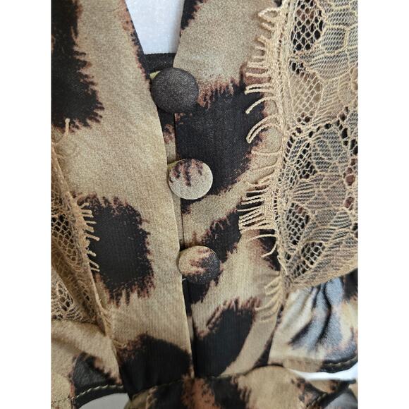 Rosevelvet EUC Leopard cut out lace sheer ruffle maxi dress 2X brown tan - Picture 10 of 17